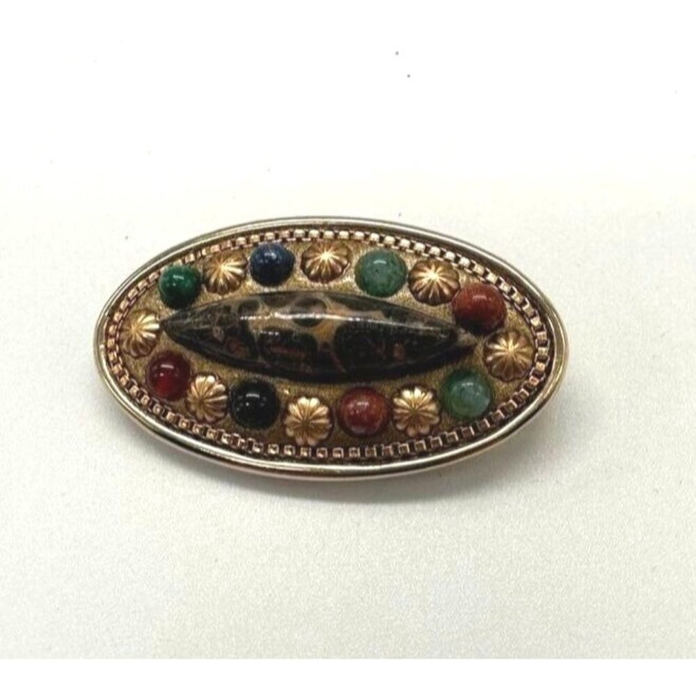 Michal‎ Golan 1.5" Oval Brooch Pin Pendant Gold Tone Goldstone Jasper Aventurine - Picture 2 of 9